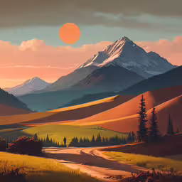 an image of a sunset with mountains in the background,a painting of a sunset with the mountain behind it