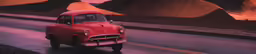 the old red car is traveling down the winding road