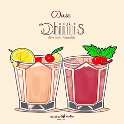 two glasses of red drinks with ice, one containing lemon, the other topped with cherries,a pair of glasses with drinks next to each other