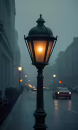 the street lamp is on the sidewalk in the rain