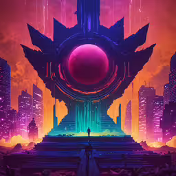 a sci - fiish cityscape with a futuristic alien world in the background,a large neon city with tall buildings and a round pink object