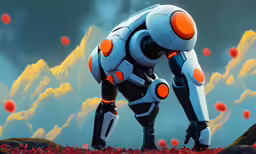 a robot looking down at a red field full of balls