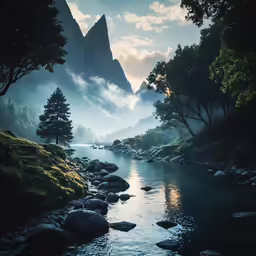 some mountains water rocks and trees