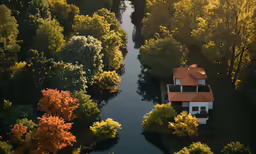 a house and a river surrounded by trees