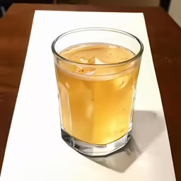a glass on a table that has something in it