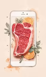 a phone showing a steak on a plate of meat