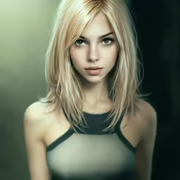 a beautiful blond woman in a black top posing for a picture
