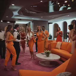 a group of women dressed in orange posing