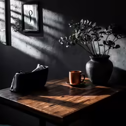 an empty chair is next to a vase and a cup