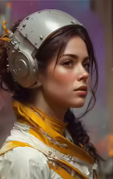 the young woman is wearing a futuristic head piece
