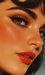 the woman has very bright orange lipstick on her face