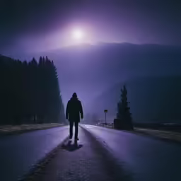 a man standing on a empty street next to the road