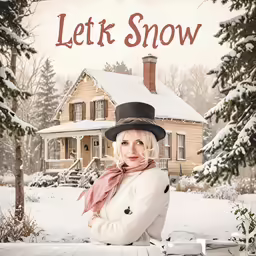 a woman wearing a hat and scarf in front of a house