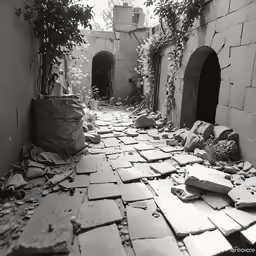 this is an alley with bags and rubble all over it