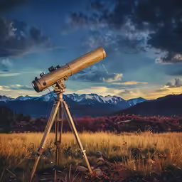 telescope in a grassy field looking at the sky