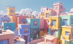 the top half of a multicolored building with lots of windows