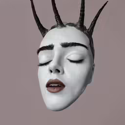 a female wearing horns is posed with her eyes closed