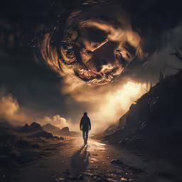 the lone person walking away from a dark, foggy landscape