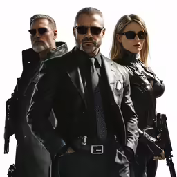 a man in sunglasses and a suit stands with two woman holding guns