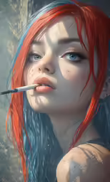 an artistic woman with long hair and makeup looks up to the sky
