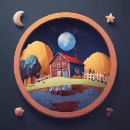 a painted painting is in a round bowl,a painting with a picture of a small house