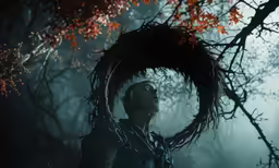 a person in headphones and a wreath in the background