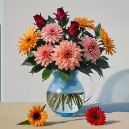 the vase holds multi colored flowers next to a single white plate