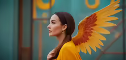 a woman in yellow with angel wings in her hair