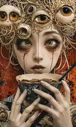 woman with weird hair and eye lashes holding camera