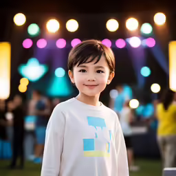 a boy at a concert wearing a white shirt and smiling