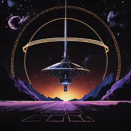 a space station in the middle of a mountain landscape,a view of an alien like object and its circular circle
