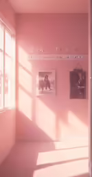 a pink room with some pictures on the wall