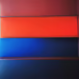 there are red, orange and blue shelfs on a wall