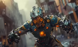 the character is holding his arm up in front of the cityscape
