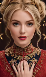 a woman in red and black is wearing a gold and blue necklace