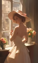 a woman wearing a hat is looking out a window