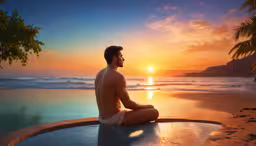 man in the middle of a pool watching the sunset,a man sitting on the edge of an inflatable swimming pool