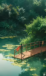 a man on the pier of a pond fishing