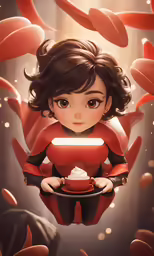 a girl is holding a tray full of food