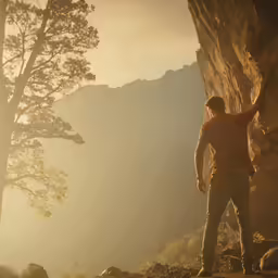 a man standing next to some mountains with a tree on it