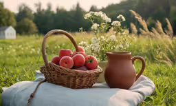 a basket with apples sitting on top of a blanket next to a jug
