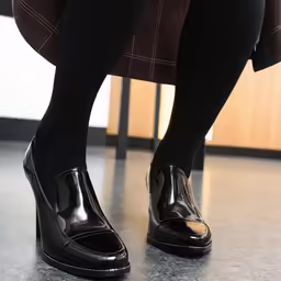 a woman wearing shiny black shoes with high heels