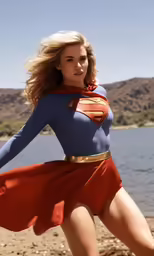 a beautiful blonde woman in a superman suit posing by the water