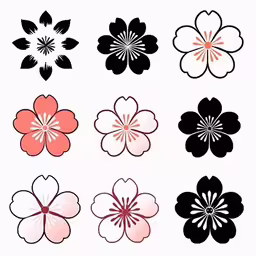 four different types of flowers in black and pink,a set of nine flower silhouettes for use in decorating projects and scrapping