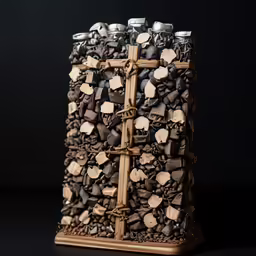 a wooden block filled with lots of tiny chocolate pieces