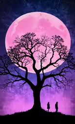 people stand under the tree with a full moon in the background