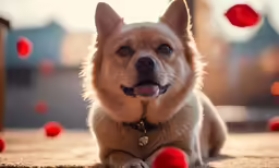 a small dog laying on a carpet next to balls
