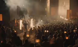 a crowd watching a lit - up street in a city
