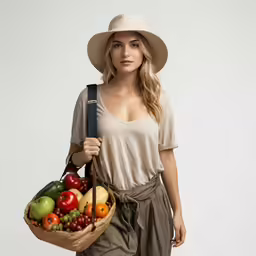woman in straw hat carrying a fruit basket
