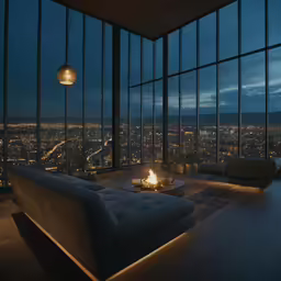 a living room with furniture and a view of the city at night